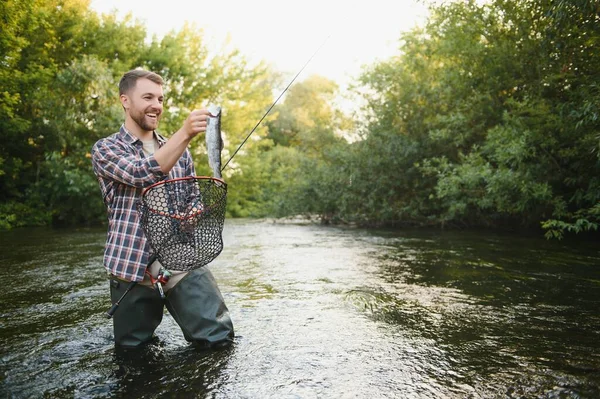 Man Fishing Rod Fisherman Men River Water Outdoor Catching Trout — Stock Photo, Image