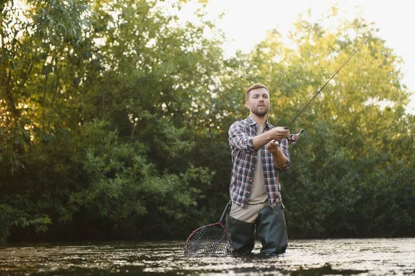Man Fishing Rod Fisherman Men River Water Outdoor Catching Trout — Stok fotoğraf