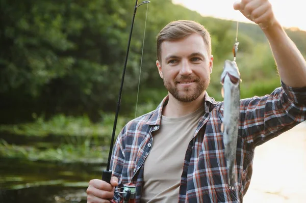 Fisherman Hunting Trouts Mountain River Fishing Net Detail — Stockfoto