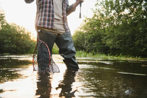 Fisherman Hunting Trouts Mountain River Fishing Net Detail — ストック写真