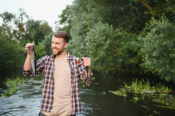 Man Fishing Rod Fisherman Men River Water Outdoor Catching Trout — Photo