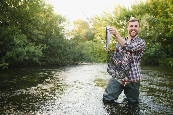 Fly Fisherman Holding Trout Out Water — Stock Photo, Image