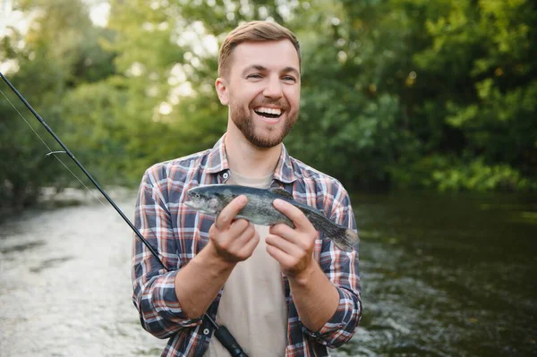 Man Fishing Rod Fisherman Men River Water Outdoor Catching Trout — ストック写真