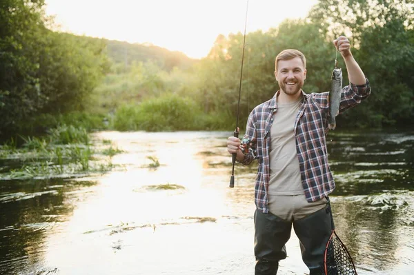 Man Fishing Rod Fisherman Men River Water Outdoor Catching Trout — 图库照片