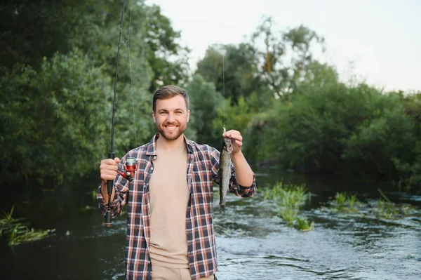 Man Fishing Rod Fisherman Men River Water Outdoor Catching Trout — Photo