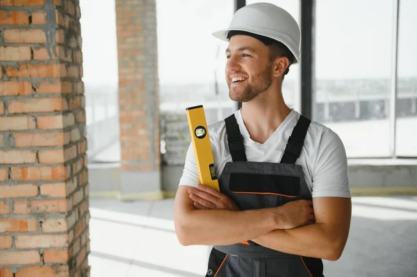 Portrait Handsome Male Builder Overalls Hard Hat — Stok Foto