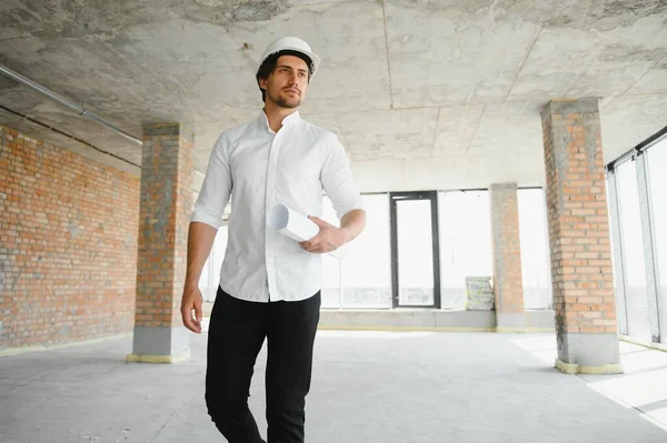 Portrait Man Architect Building Site Confident Construction Manager Wearing Hardhat — Foto de Stock