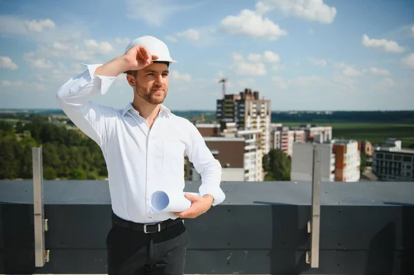 Portrait Man Architect Building Site Confident Construction Manager Wearing Hardhat — Stockfoto