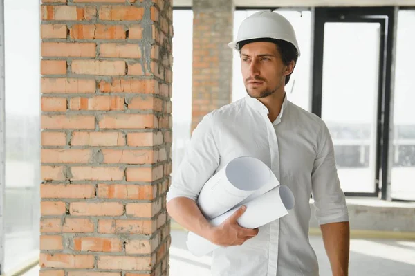 Portrait Man Architect Building Site Confident Construction Manager Wearing Hardhat — Stockfoto