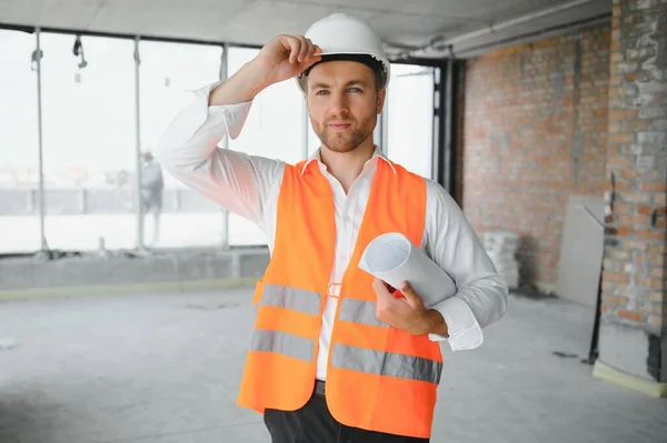 Portrait Man Architect Building Site Confident Construction Manager Wearing Hardhat — 스톡 사진