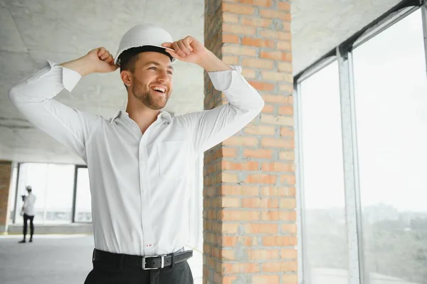 Portrait Man Architect Building Site Confident Construction Manager Wearing Hardhat — Zdjęcie stockowe