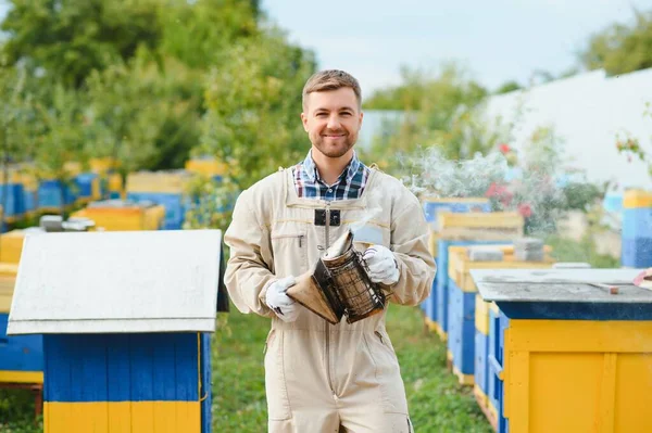 養蜂家は蜂蜜を採集する 養蜂の概念 — ストック写真