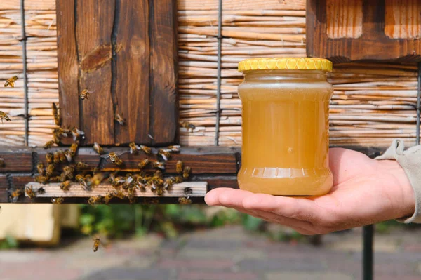 Jar Fresh Honey Glass Jar Beekeeping Concept Top View Copy — Stock fotografie