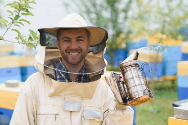Arı yetiştiricisinin aletleri. Bir arı yetiştiricisinin arılarla çalışması için her şey. Sigara, keski, kutu arılardan korunmak için arı koruyucu giysi arıcılık, arıcılık konsepti için ekipman..