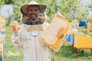 Arı yetiştiricisi bal topluyor. Arıcılık konsepti