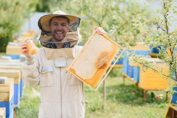 Imker Arbeitet Mit Bienen Und Bienenstöcken Auf Dem Bienenstock Imkerkonzept — Stockfoto