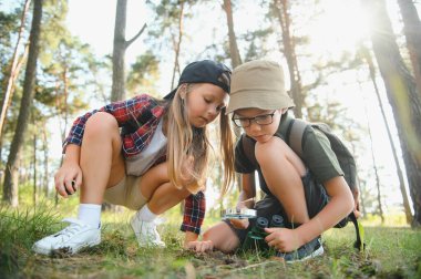 Two happy children having fun during forest hike on beautiful day in pine forest. Cute boy scout with binoculars during hiking in summer forest. Concepts of adventure, scouting and hiking tourism.