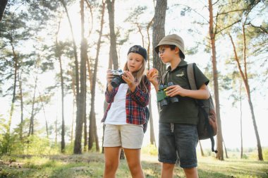 Group of curious happy school kids in casual clothes with backpacks exploring nature and forest together on sunny autumn day