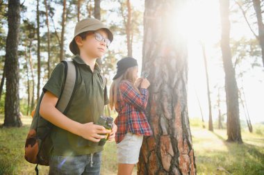 Yeşil ormandaki çocuklar oyun oynuyor, çocuk tatili ve seyahat kavramı.
