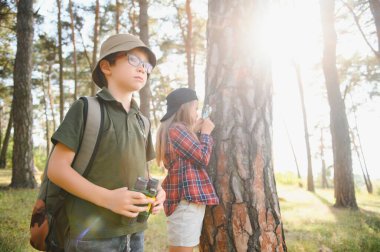 Two happy children having fun during forest hike on beautiful day in pine forest. Cute boy scout with binoculars during hiking in summer forest. Concepts of adventure, scouting and hiking tourism.