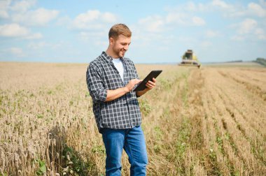 Yaz aylarında hasat sırasında buğday alanında genç çiftçi.