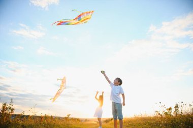 Mutlu çocuklar gün batımında sahaya uçurtma fırlatırlar. Küçük oğlan ve kız yaz tatilinde.