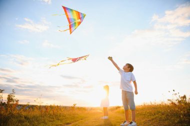 Brother and sister playing with kite and plane at the field on the sunset