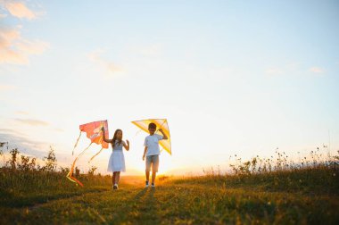 Brother and sister playing with kite and plane at the field on the sunset