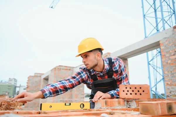Busy Brick Wall Construction Worker Uniform Safety Equipment Have Job — Foto de Stock