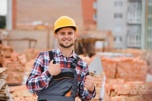 Construction Worker Man Work Clothes Construction Helmet Portrait Positive Male — Stok fotoğraf