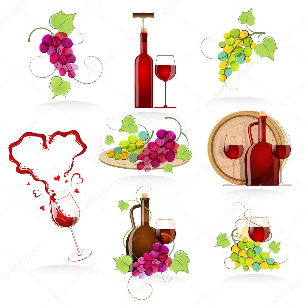 Collection of vector icons - the grape and wine. Vector illustration