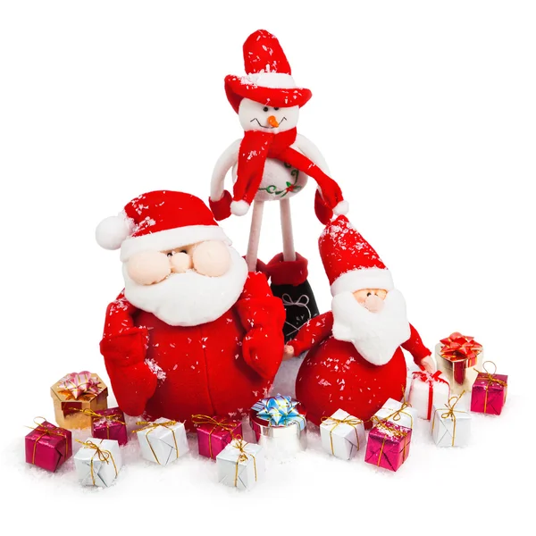 Різдво Санта і сніговик з подарунками — стокове фото