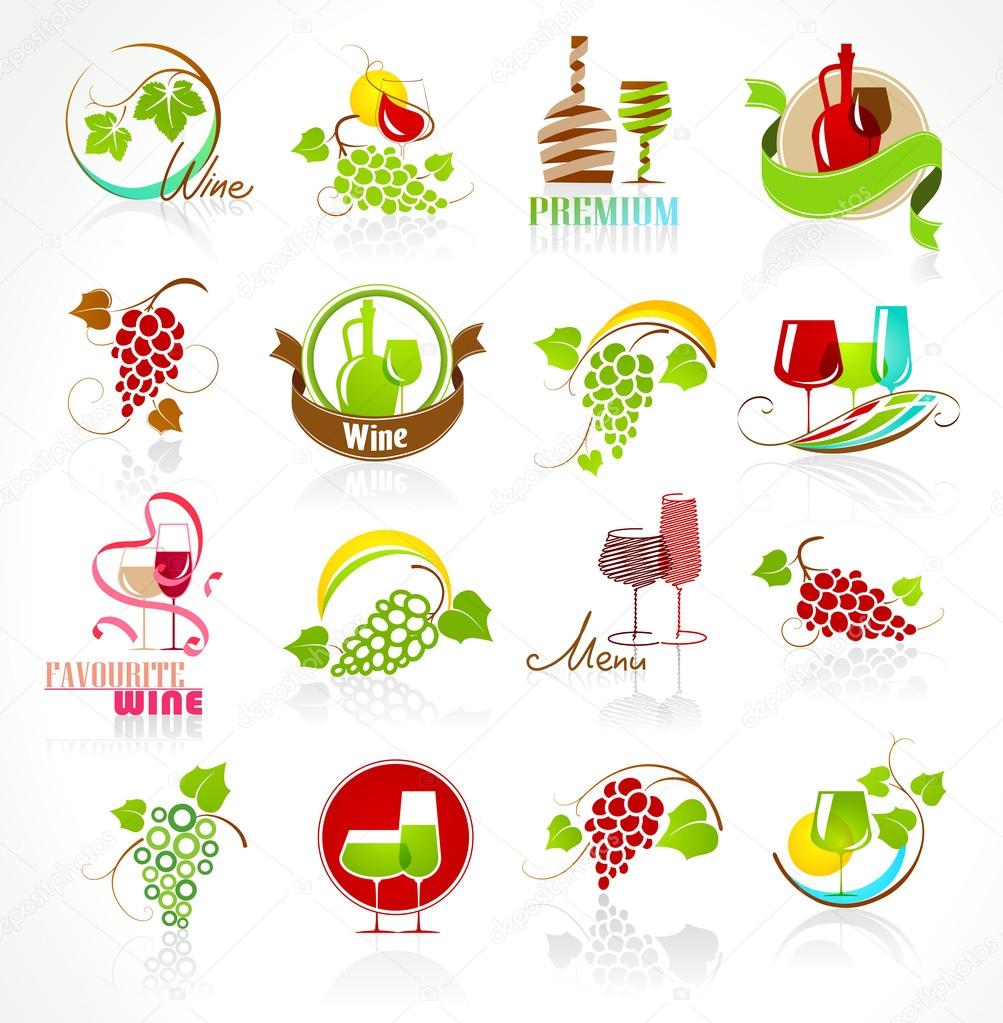 Collection of wine icons with reflection on white background