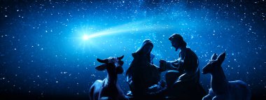 İsa 'nın Doğuşu. İsa Mesih 'in Doğuşu, Sagrada Ailesi' nin Dini Sahnesi. Yıldızlı Gökyüzünde Sihirli Camet