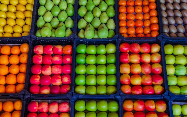 Μεγάλες Ομάδες Πολύχρωμων Φρούτων Βρίσκονται Στον Πάγκο Τακτοποιημένες Σειρές Πλαστικούς — Φωτογραφία Αρχείου