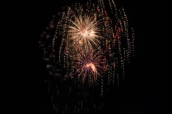 Bright Fiery Rays Exploding Pyrotechnics Black Background Night Sky Background — Stock Photo, Image