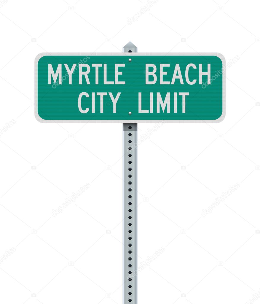 Vector illustration of the Myrtle Beach City Limit green road sign on metallic post