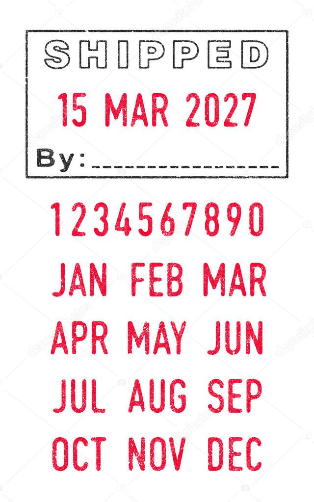 Vector illustration of the Shipped stamp and editable dates (day, month and year) in ink stamps