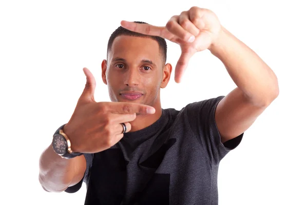 Afrikaanse Amerikaanse man maken frame teken met zijn handen — Stockfoto