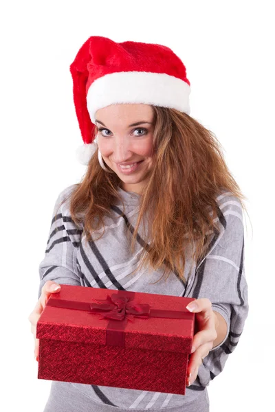 Young caucasian woman offering a gift — Stock Photo, Image