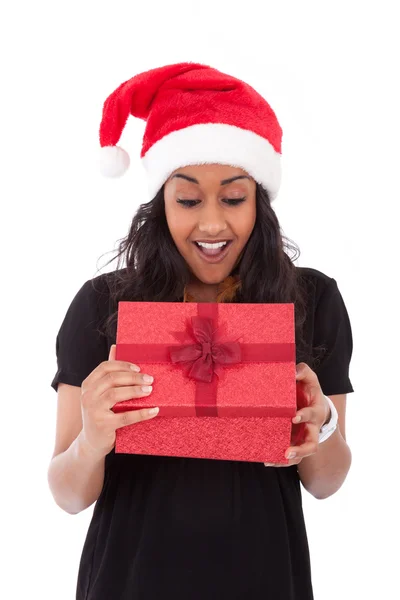 Young African American woman opening a gift box — Stock Photo, Image