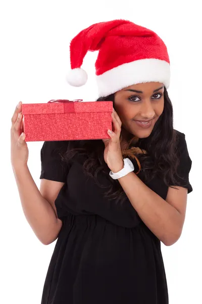 Young African American woman holding gift box — Stock Photo, Image