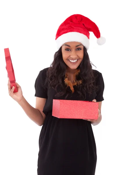 Young African American woman opening a gift box — Stock Photo, Image