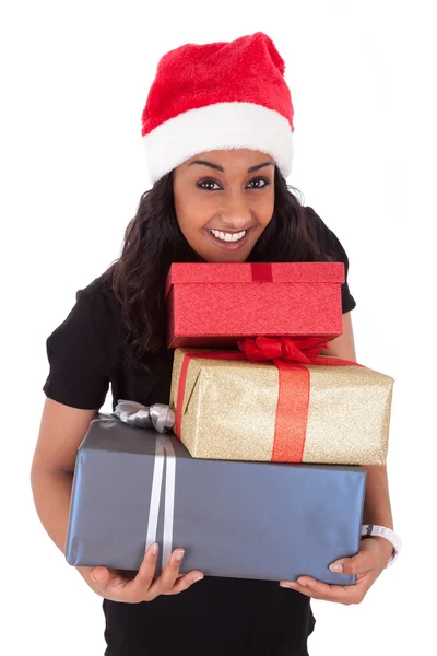 Young African American woman holding gift boxes — Stock Photo, Image