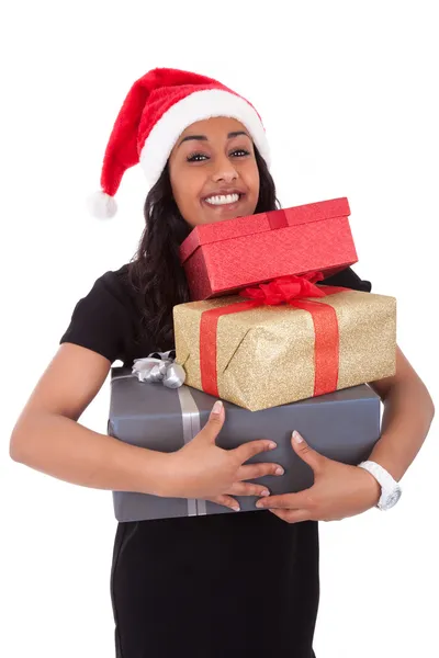 Young African American woman holding gift boxes — Stock Photo, Image