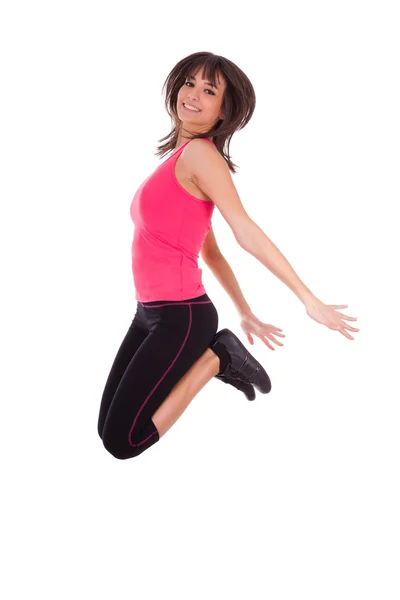 Weight loss fitness woman jumping of joy — Stock Photo, Image