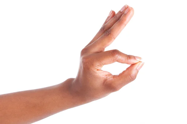Zbliżenie dłoni kobiecej gestykulacji - Wyświetlono ok znak — Zdjęcie stockowe