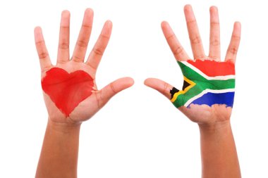 African hands with a painted heart and south african flag, i lov clipart