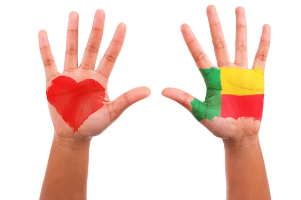 African hands with a painted heart and beninian flag, i love be — Stock Photo, Image