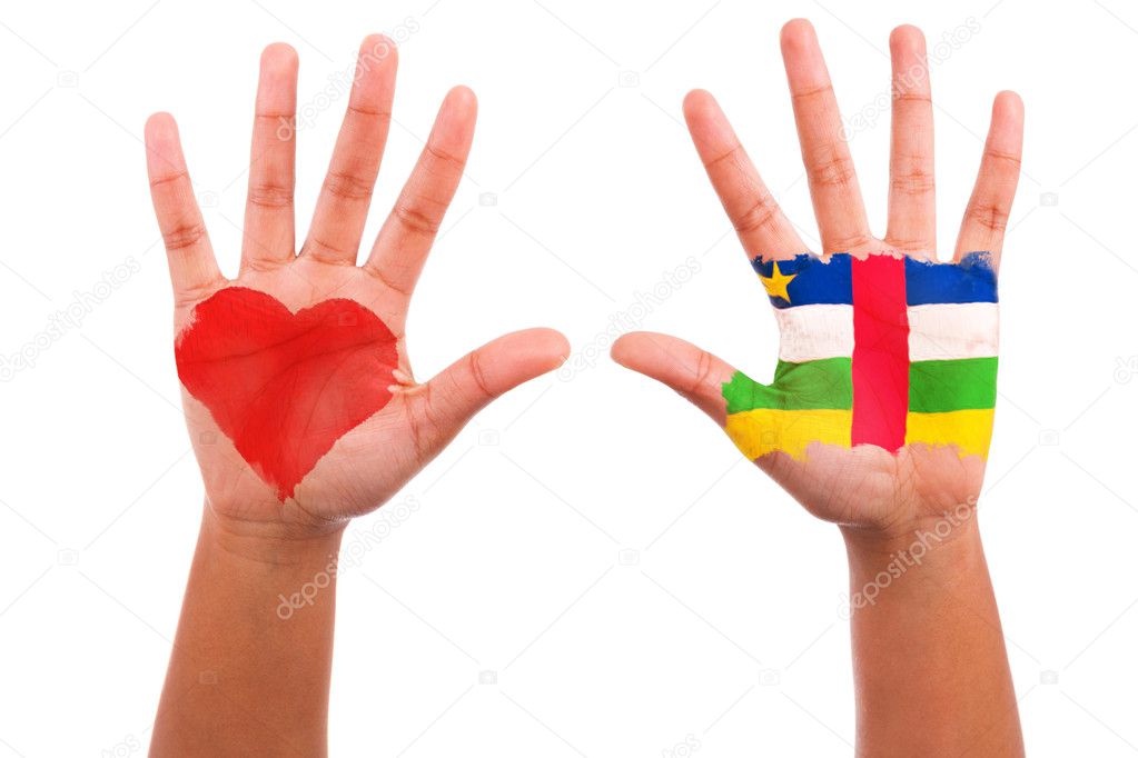 African hands with a painted heart and central african republic